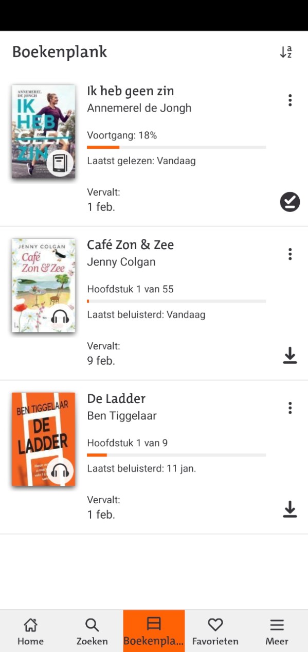 Boekenplank in de app met drie titels